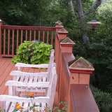 flat wood fence post cap with copper pyramid on deck posts