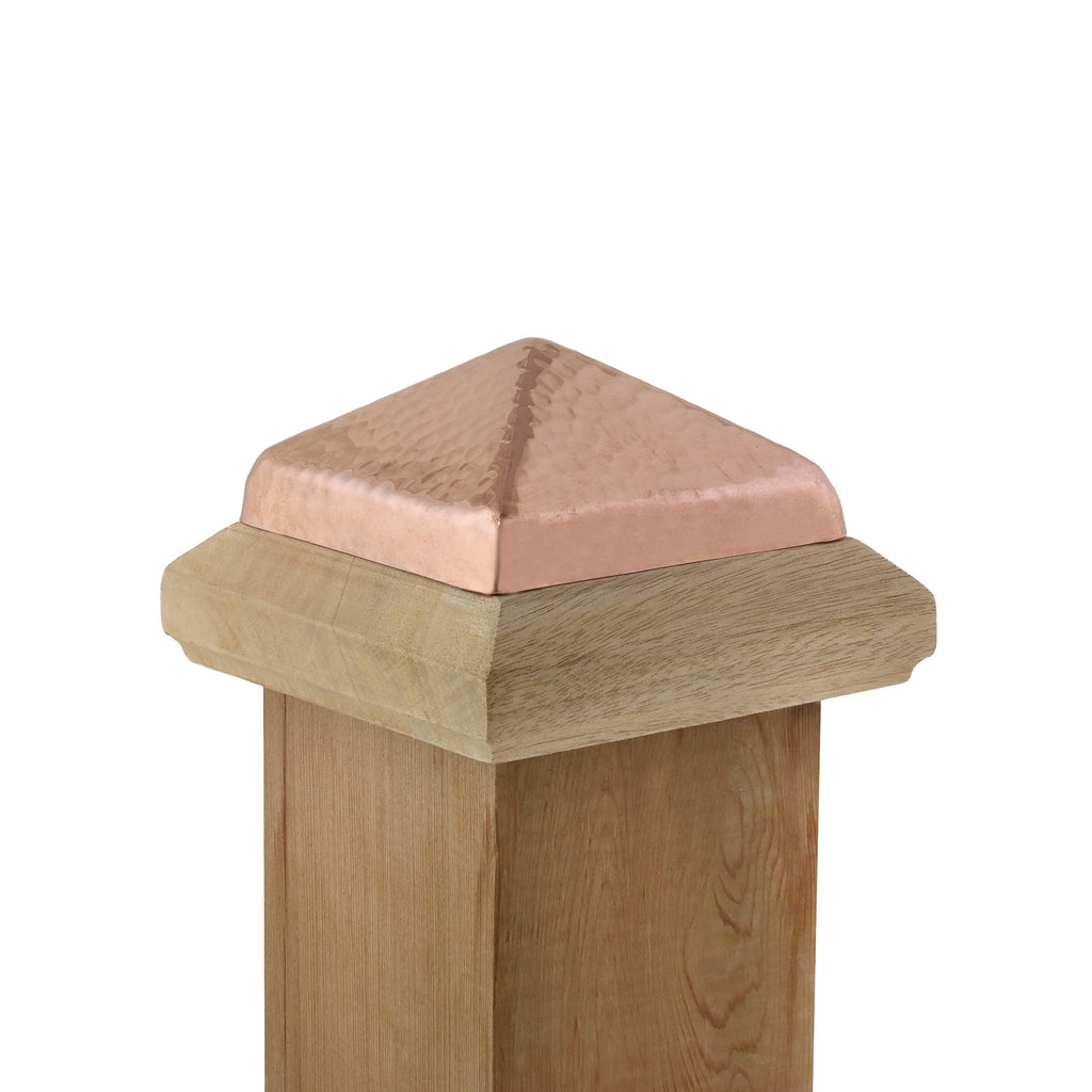 Post view of 4x4 Traditional Wood Post Cap w/ Hammered Copper Pyramid