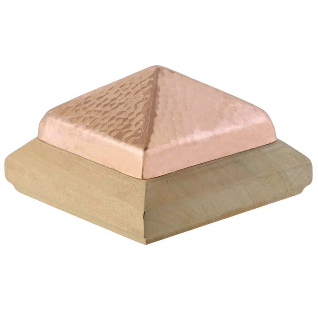 Front view of 4x4 Traditional Wood Post Cap w/ Hammered Copper Pyramid